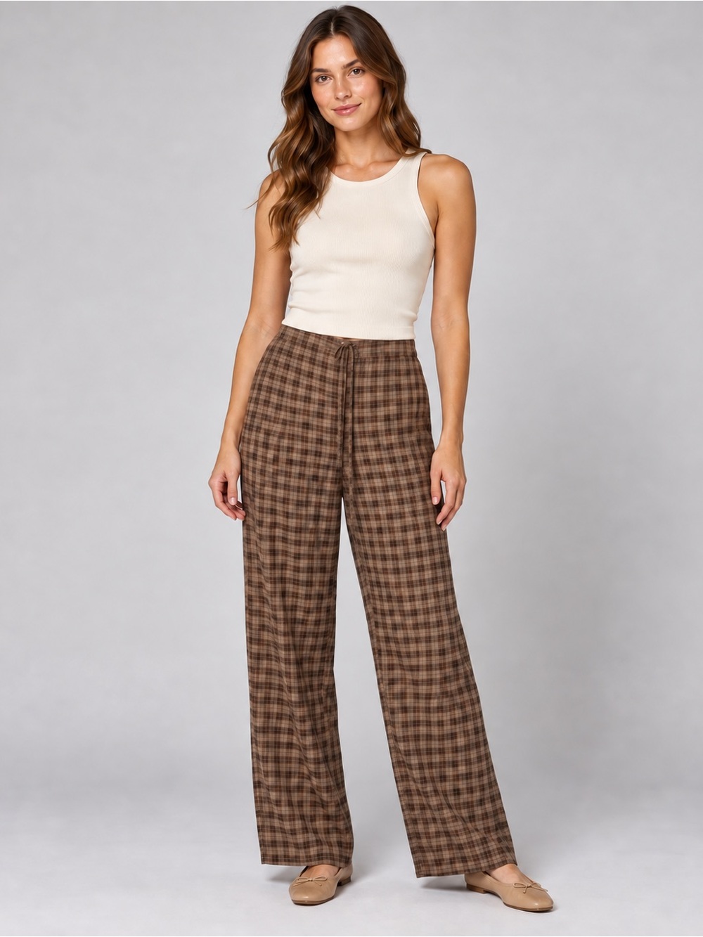 Le Lis Brown Plaid High Rise Wide Leg Trouser Pants Small